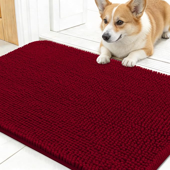 OLANLY Dog Door Mat for Muddy Paws 24x16, Super Absorbent Chenille Mud Mat | Red, Absorbs Moisture and Dirt, Non-Slip Machine Washable Doormat, Quick-Drying Indoor Entryway Floor Carpet for Dogs