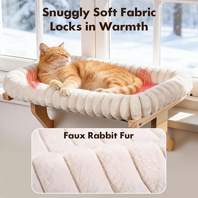 Zoratoo Cloud-Soft Wooden Cat Window Sill Perch with Zipper Cushion,M White | 21.7’’x18’’, Removable for Machine Wash, Fluffy Plush Bolster, Sturdy Metal Frame for Large Cats up to 40lbs, Easy to Adjust