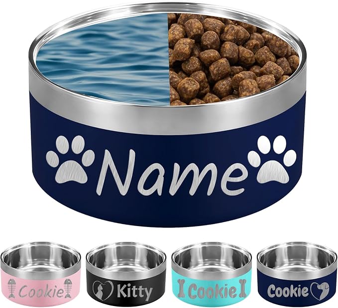 Personalized Dog Bowl Laser Engraved Custom Pet Name 18/32/42/64 oz No Slip Stainless Steel Insulated Bite-Resistant Food Water Dishes-Navy