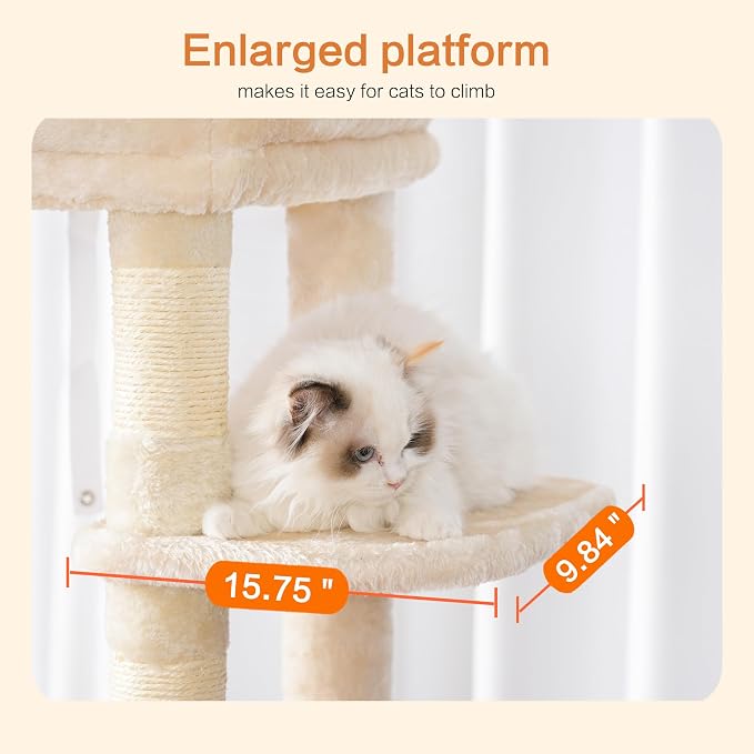 Heybly Cat Tree for Large Cats, 20lbs Heavy Duty, 60 inches HCT050M | Cat Tower for Indoor Cats with Big Padded Plush Perch, Multi-Level Furniture Condo with Cozy Basket, Beige