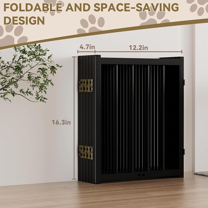 Snuowu 16" Freestanding Short Dog Gate for Small Dogs – Foldable & Retractable, Expands Up to 72" Wide, 6-Panel Pet Barrier for Doorways, Stairs & Hallways (Black)