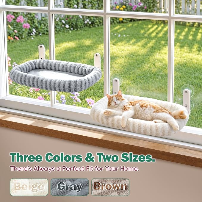 Zakkart Mellow Foldable Cat Window Perch, Upgraded Suction Cups (Beige, M) | Curtain-Friendly, Dual-Fabric Striped Machine Washable Bed, Heavy Duty ABS & Metal Frame, Hold up to 40 lbs., 22.8"W x 15.5"D