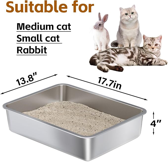 Stainless Steel Litter Box - Metal Cat Litter Box -4“ H Cat Litterbox Low Entry Pet Toilet Supplies for Kitty, Kitten, Rabbit, Puppy,No Stick Easy Clean-No Smell