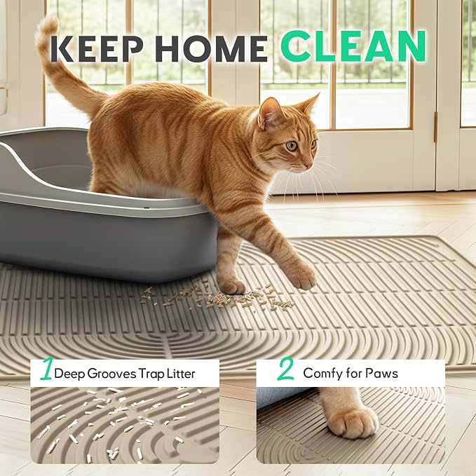 Pawtasy Cat Litter Mat,40" x 28" Extra Large Silicone Waterproof Litter Trapping Mat for Scatter Control Soft on Kitty Paws Non-Slip Easy to Clean
