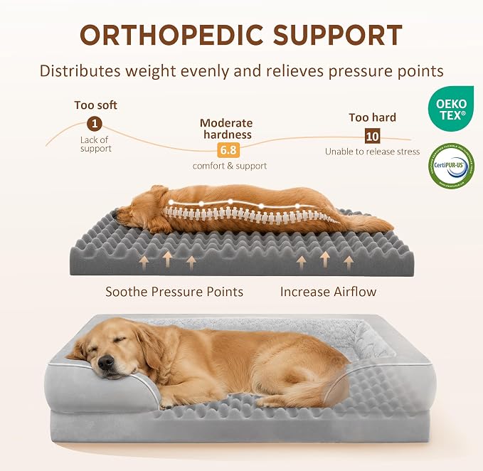 Comfort Expression Orthopedic Dog Bed for Extra Large Dogs with Bolster | Waterproof Dog Couch Bed with Washable Cover & Non-Slip Bottom, Supportive Egg Crate Foam Big Dog Bed, 53x42Inch