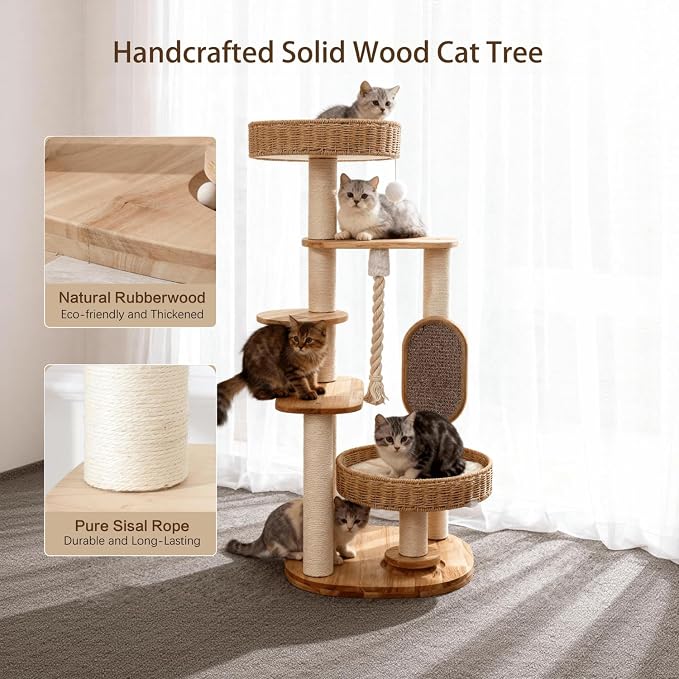 48in Natural Wood Cat Tree for Large Cats, Big Modern Cat Tower | Sturdy Cat Condo, Tall Modern Design, with Scratching Post and Hand-Woven Cat Basket, for Multi Adult Cats, Easy to Clean