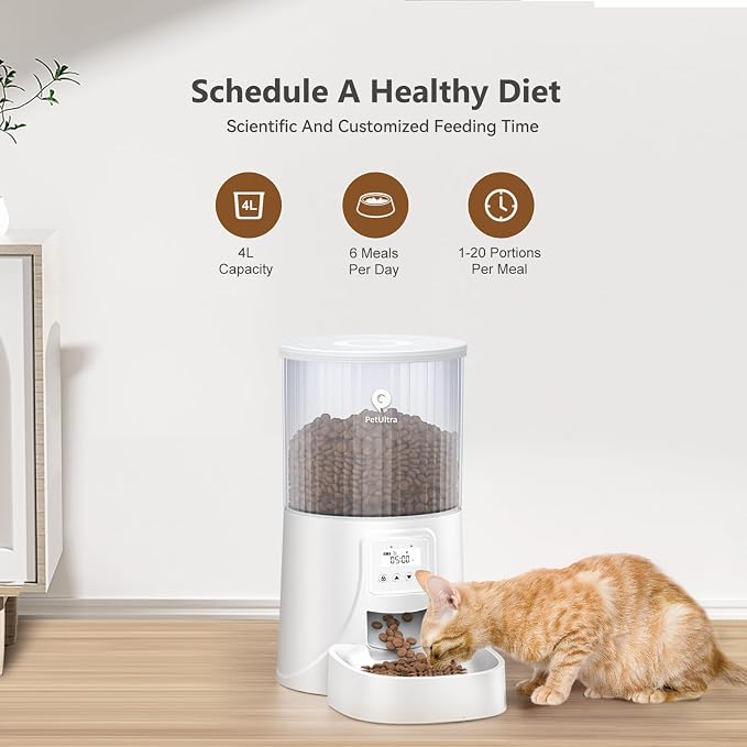 PETULTRA Automatic Cat Feeder: 4L Timed Cats Food Dispenser Programmable 1-6 Meal for Cat and Small Medium Dog- Auto Pet Feeder Dual Power Supply with Desiccant Bag& | Easy to Clean White