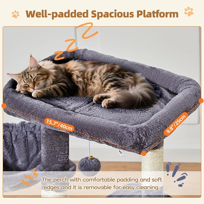 Taoqimiao Cat Tree, 38.5In Cat Tower for Indoor Cats, Suitable for Kittens | Thick Padded Top Perch, Luxurious Cat Condo, Adjustable Basket, 1-Piece Ramp Scratcher, 3 Sisal Posts, Smoky Gray, MS029SG