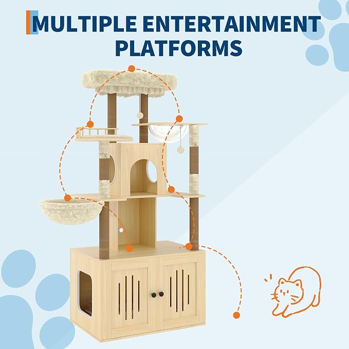 Cat Tree with Litter Box Enclosure, Multi-Level Cat Tower with Hidden Litter Box Furniture, Large Plush Top Perch, Sisal Scratching Posts, Cat Condo & Hammock for Indoor Cats, Living Room,Natural Wood