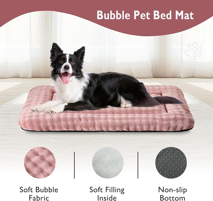 Dog Bed Mat Crate Pad for Large Dogs, Dusty Pink, 36"x 23" | Washable Soft Pet Sleeping Mat, Anti-Slip Kennel Pad with 3D Bubble Pattern