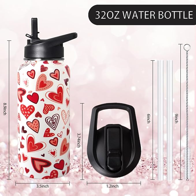 32oz Valentine Insulated Aater Water Bottle with Straw,Pink Gym Hiking Sports Coffee Mug Cup Water Bottles,Valentine Gifts for Women,Valentine Decor Stuff Accessories