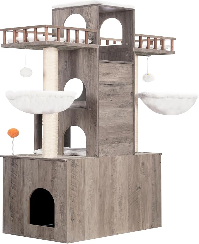 Heybly Cat Tree with Litter Box Enclosure for Indoor Big Cat HCT110SG | Cat Tower for Large Cats 20 lbs Heavy Duty, Modern Cat Condo Furniture with Scratching Posts, Rustic Gray