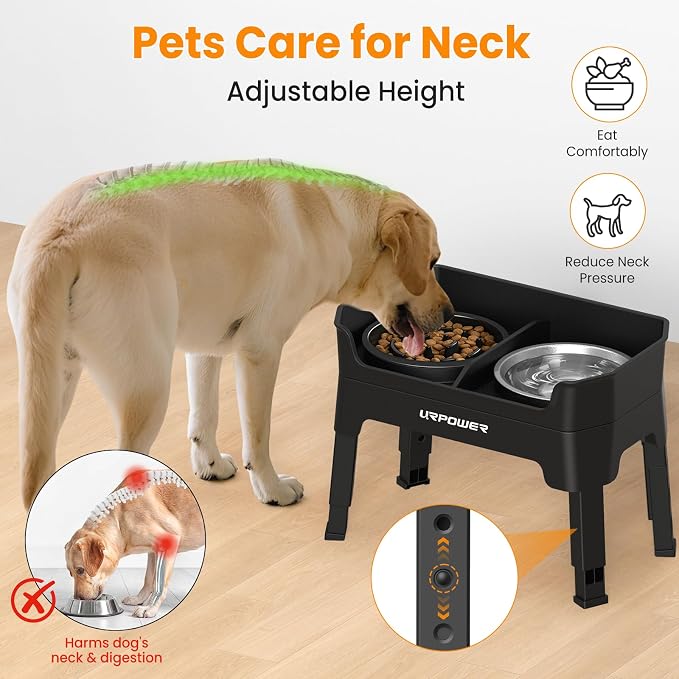 URPOWER 3-in-1 Elevated Dog Bowls - Mess Proof Double Deck 4 Height Adjustable Raised Stand with Stainless Steel Bowl & Slow Feeder & Licking Plate for Small, Medium & Large Dogs