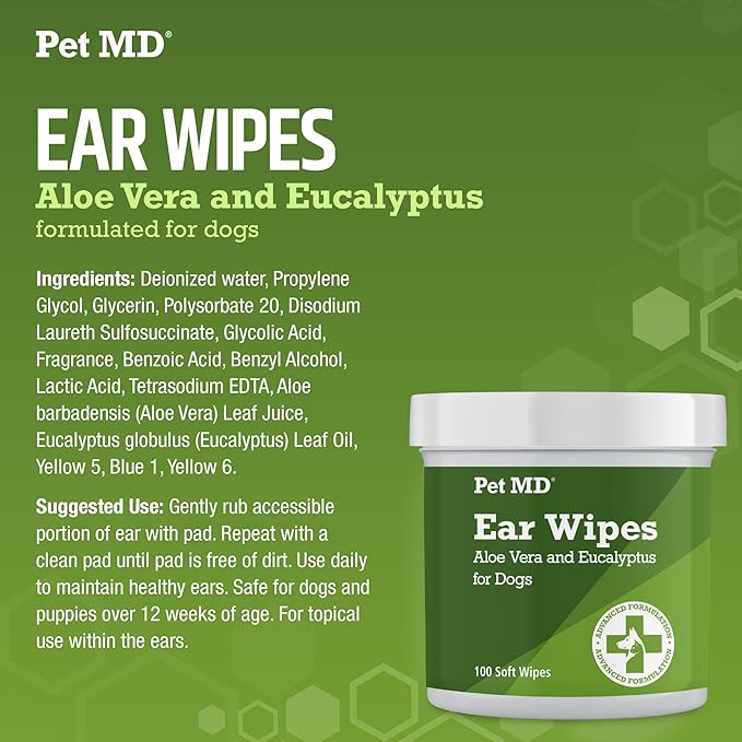 Pet MD Dog Ear Cleaning Wipes – Otic Cleanser for Dogs, Soothing Ear Care with Aloe Vera & Eucalyptus, Regular Wipes, 100 Count
