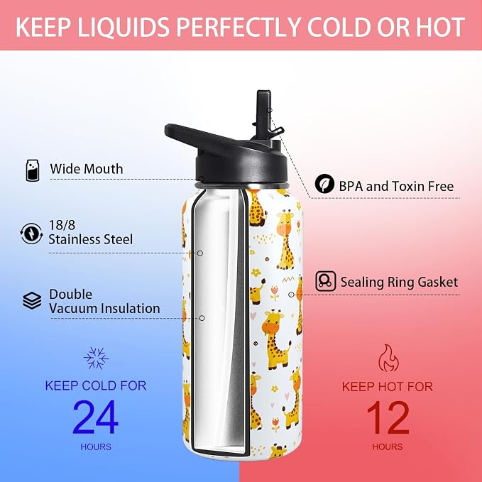 32oz Giraffe Stainless Insulated Aater Water Bottle with Straw,Giraffe Gym Hiking Sports Coffee Mug Cup Water Bottles,Giraffe Gifts for Women,Giraffe Decor Stuff Accessories