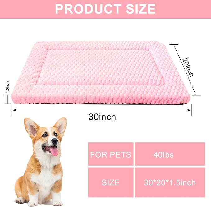 Dog Bed Mat, Reversible Dog Crate Pad for Small Medium Dogs & Cats, Soft Washable Kennel Mat with Non-Slip Bottom, Lightweight Pet Bed for Crate, Cage, Home and Travel(Pink, 30" L*20" W*1.5" Th)