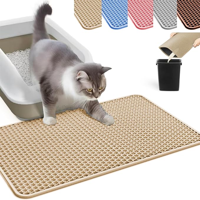 HCY&WLD Cat Litter Mat, Honeycomb Double Layer Litter Trapping Mat | Safe Materials, Soft on Paws, Waterproof Urine Proof Non-Slip, Protects Floors, Less Waste, Easy to Clean, Beige, 45" x 26"