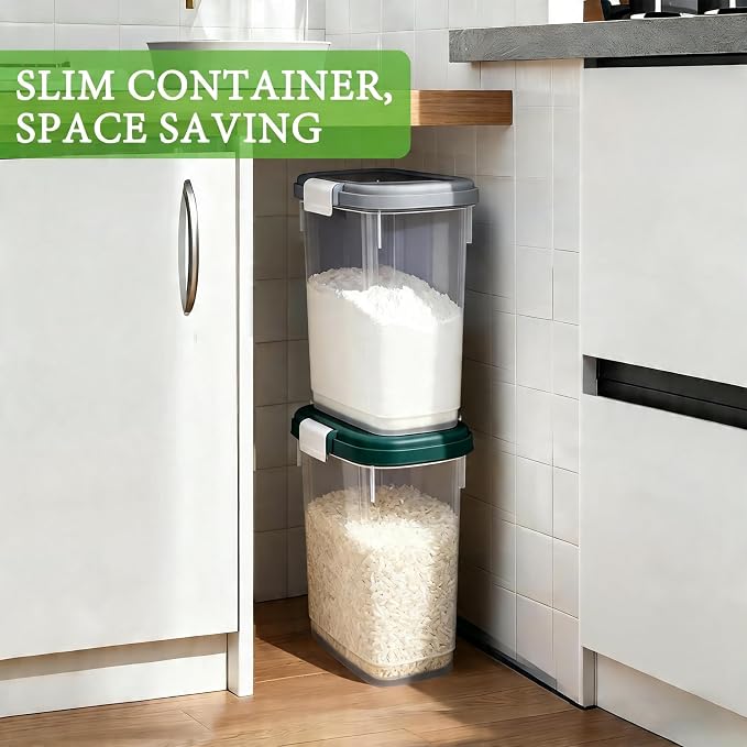 Rice Storage Container 15-20 Lbs, Tall Flour Bin Container with Scoop, Cup | Slim Dry Food Container Storage Bin for Cereal, Sugar, Beans, Pet, Dog, Cat Food, Kitchen and Pantry Storage Organization
