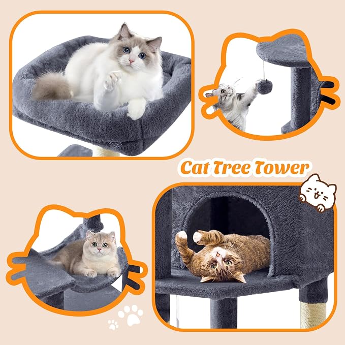 44 Inch Small Cat Tree Tower for Indoor Cats and Kittens | Multi-Level Cat Climbing Tower with Natural Sisal Scratching Post and Hammock, Pet Condo, Grey
