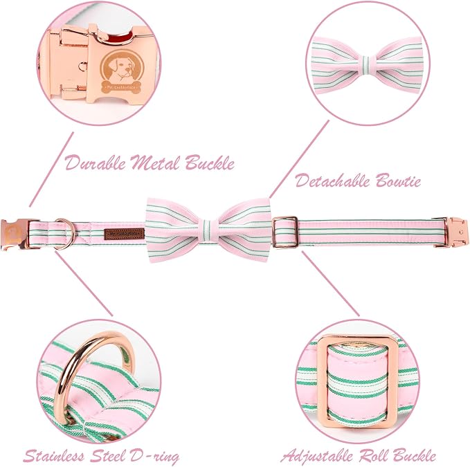 MR. CHUBBYFACE Pink Dog Collar, Cute Dog Collar with Bowtie, Summer Adjustable Girl Boy Collar with Metal Buckle, Durable Collars for Small Medieum Large Dogs