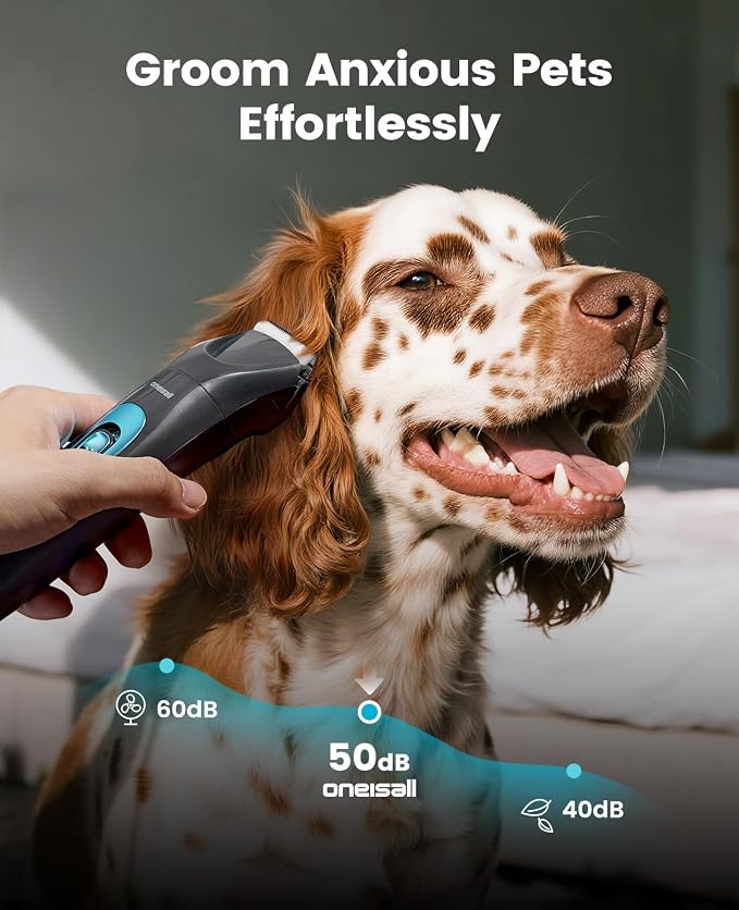 oneisall Professional 4-in-1 Dog Grooming Kit with LED Light | Quiet Clippers & Nail Grinder, Cordless, 3.7 hrs Runtime, LED Display, Safe for Paws, Face, Ears & Body