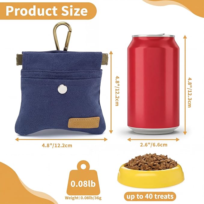 Dog Treat Pouch for Pet Training, Carabiner & Magnetic Buckle, Navy | Hand Free Dog Training Treat Bag, Auto Closing Dog Walking Bag for Puppy Travel or Outdoor Use, Pet Feed Snack Reward Pocket