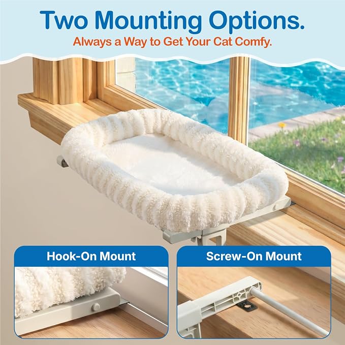 Zakkart Mellow All-Around Cat Hammock for Windowsill, Dual-Mount (Beige, L) | Hook-On or Screw-On Installation, Machine Washable Bed, Heavy Duty ABS & Metal Frame, Support up to 40 lbs.