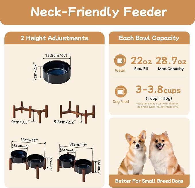 Havniva 6.1" Elevated Dog Bowls Ceramic Raised Dog Bowl with Non-Slip Stand (Acacia Wood) Two Height Options, Dog Food & Water Bowl for Small & Medium Breed Dogs - 3.4 Cups 27 oz