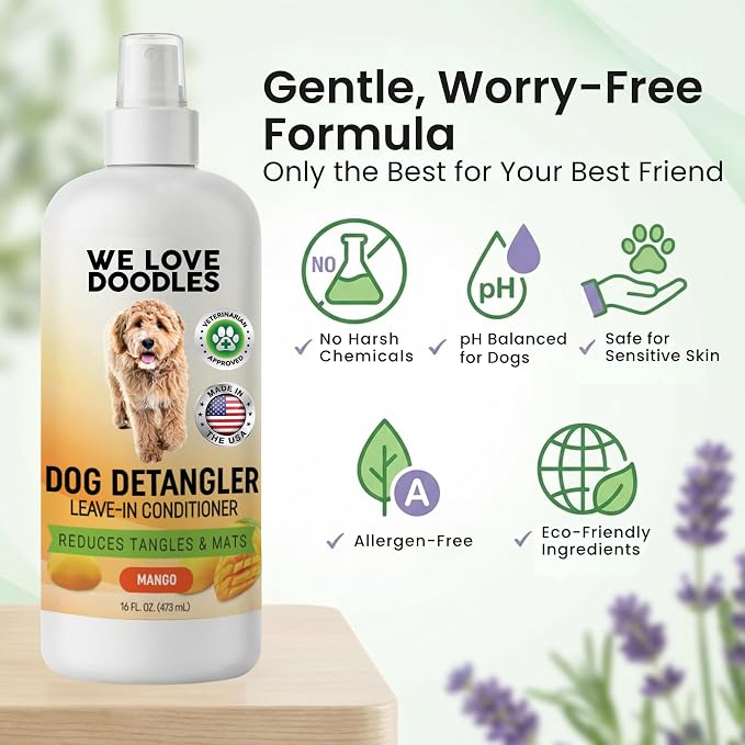 Dog Shampoo & Dog Detangler Spray, Tearless, Dog Bath Supplies, Mango 16 oz | Best Shampoo, Detangling & Dematting Spray for Dogs, For Sensitive Itchy Skin, Tangle Remover, Goldendoodle, Poodle & Doodle