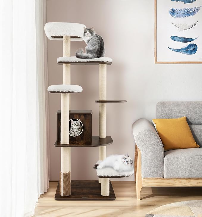 Tall Cat Tree for Indoor Cats, 71 Inches Multi-Level Modern Cat Tower with Plush Perch, Cozy Condo, Platforms, Sisal Scratching Posts, EVA Massage Comb & Removable Cushions (Brown)