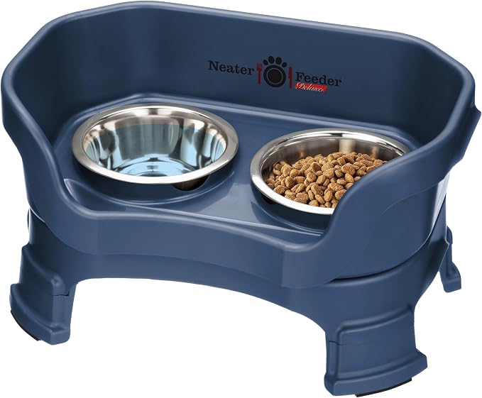 Neater Feeder Deluxe Mess-Proof Elevated Cat Bowls, 2 Height Adjustable (6” & 7.5”) No-Spill Raised Cat Bowl Stand, Whisker Friendly Stainless Steel Dishes for Indoor Cats, Made in USA, Dark Blue