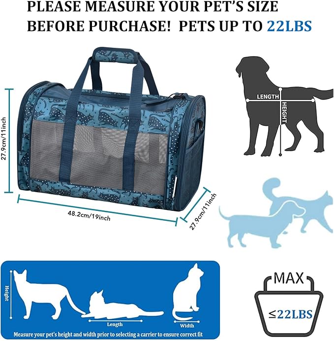 Soft-Sided Kennel Pet Carrier for Small Dogs, Cats, Puppy, Airline Approved Cat Carriers Dog Carrier Collapsible, Travel Handbag & Car Seat (Blue Cat Print, 19" L x 11" W x 11" H)