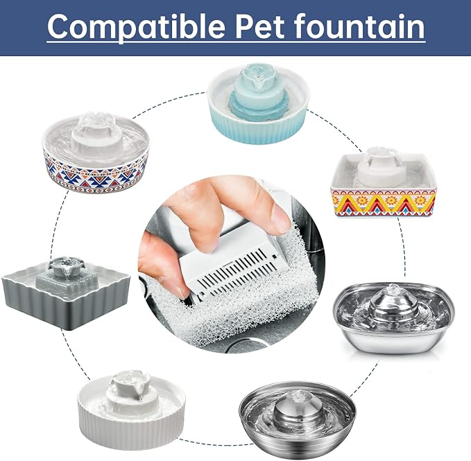 Cat Water Fountain Replacement Filter, 8 Pack Cat Fountain Carbon Filters and 2 Pack Foam Filters for Ceramic Pet Drinking Fountain and Stainless Steel Pet Water Fountain (8+2 Pack)