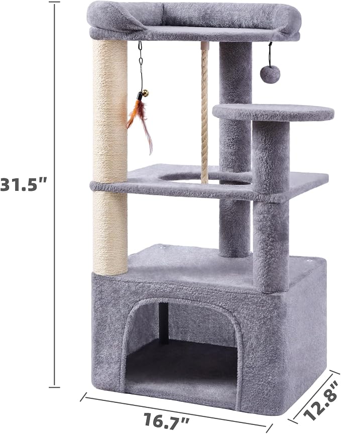 AIWIKIDE 31.5 Inch Cat Tree for Indoor Cats, Multi-Level Medium Cat Tower with Plush Perch, Sisal Scratching Posts and Private Condo for Kittens, Grey