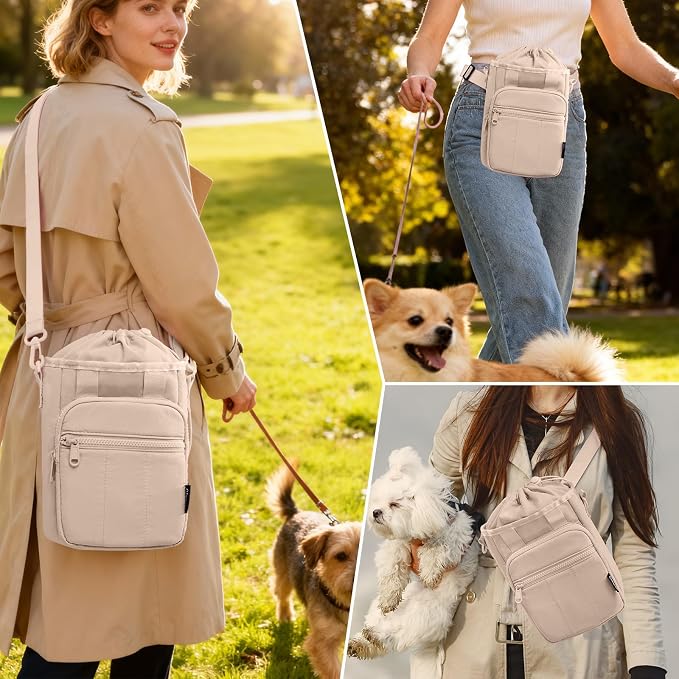Stylish Dog Training Treat Pouch with Waist & Shoulder Strap, Dog Treat Bag for Walking and Training, Removable Waterproof Liner, Drawstring Treat Holder with Front Pocket & Clicker