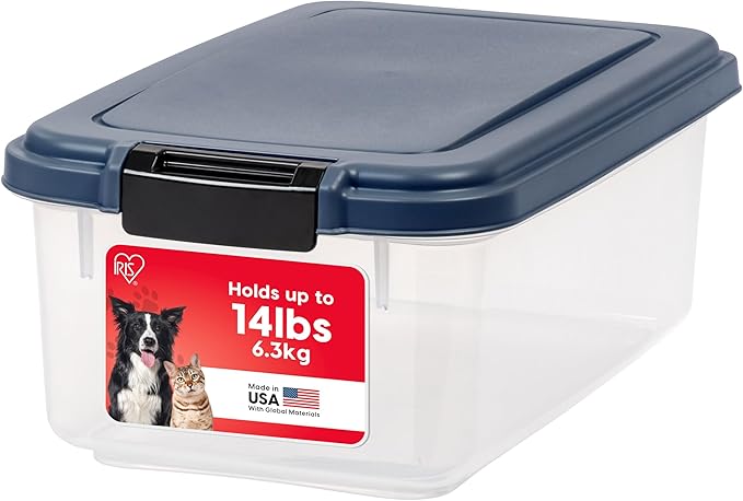 IRIS USA Airtight Dog Food Storage Container, Up to 14 lbs, Dog Cat Bird and Other Pet Food Treats Storage Bin, Dog Cat Wet Food Cans, Keep Fresh, BPA Free, Stackable, Navy | BPA-Free, Airtight Seal, Best for Cat Food, Bird Seed, Chicken Feed, Pet Toys...