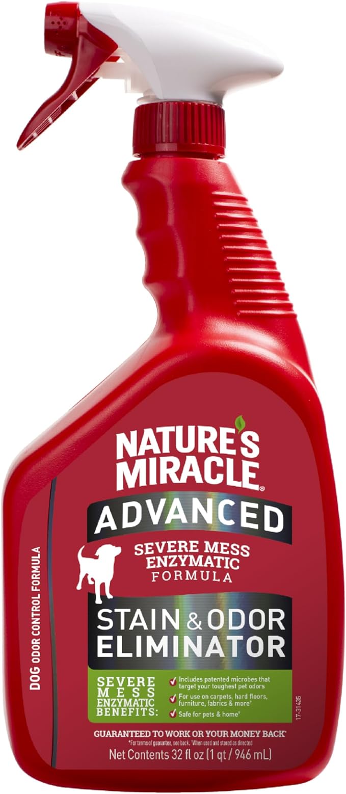 Nature’s Miracle Advanced Dog Stain & Odor Eliminator, Severe Mess, 32 oz | Enzymatic Cleaner Eliminates the Toughest Dog Messes, For Use on Multiple Surfaces, Safe For Pets and Home*, Fresh Scent