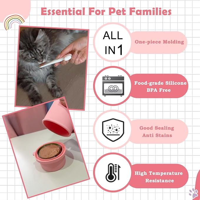Original Canned Dog Food Storage Container & One Can Spoon | Silicone Can Cover Pet Food Sealer & Cute Paw Shape Opener Spatula | BPA Free, Airtight, Dishwasher & Freezer Safe (Orange+Pink)