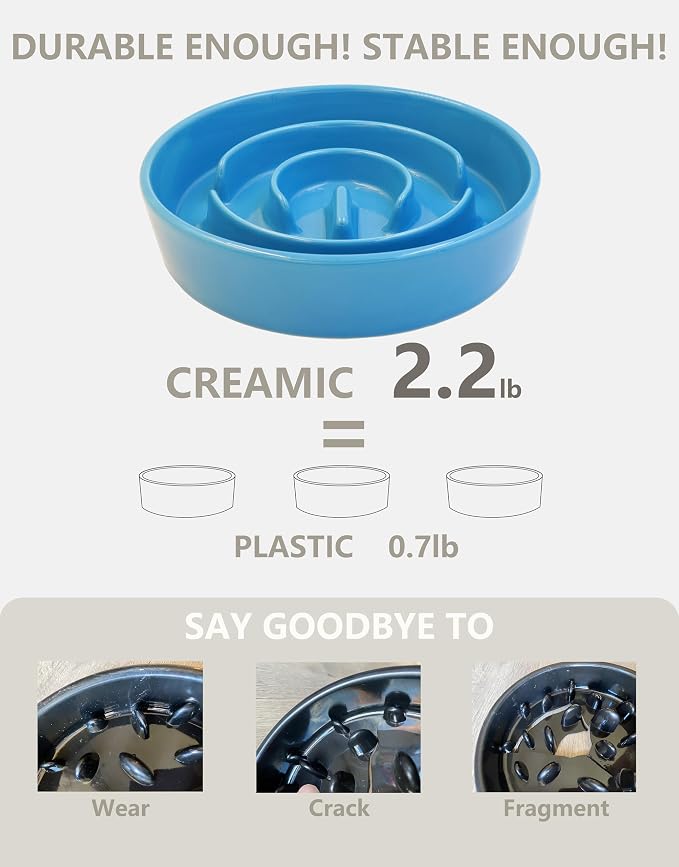 Ceramic Slow Feeder Dog Bowls, 2.0 Cups Slow Feeder for Medium Dogs, Puzzle Maze Bowl to Slow Down Eating, 30oz, 8in, Blue