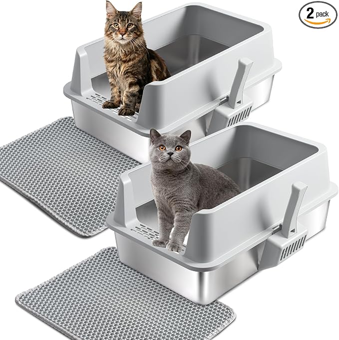 Stainless Steel Cat Litter Box with Lid,XL Extra Large Litter Box | Metal litter box for Big Cats with High Sided,2Pack,Non-Sticky,Easy Cleaning, Include Litter Mat & Scoop,23x14.6x9.9in
