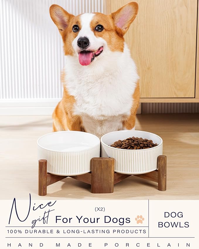 Getstar Ceramic Dog Bowls Set with Acacia Wood Stand, 3.5 Cups Pet Bowls Set of 2 for Medium Dogs, Cute Dog Raised Food Bowl, Cat Bowls