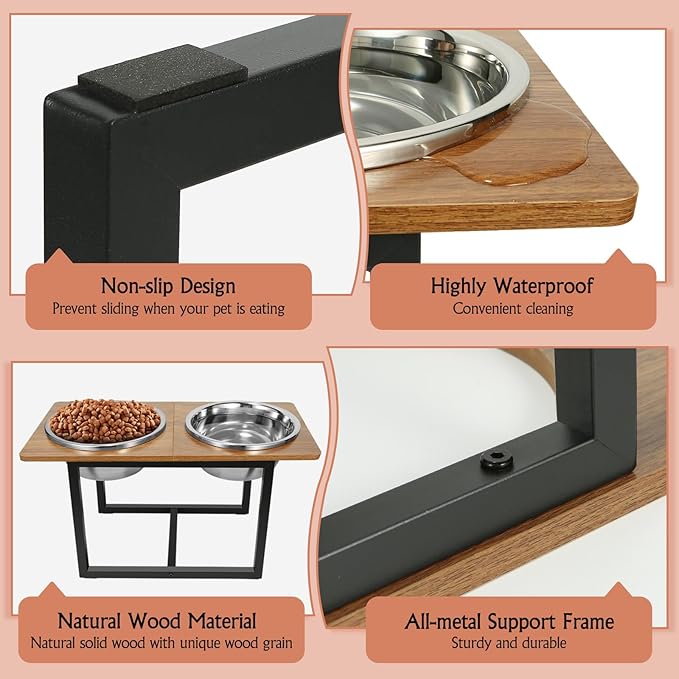 Spacnom Elevated Dog Bowls for Large Dogs, Raised Dog Bowl Stand with Two X-Large Stainless Steel Bowls for Dogs, 3.5L Capacity, Rustic Walnut