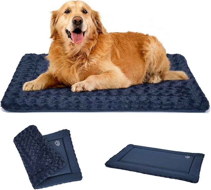 EMPSIGN Dog Crate Pad for 48"x30" Dog Crate, Plush/Canvas Navy | Reversible Kennel Mat (Cool & Warm), Machine Washable, Cozy Plush Sleeping Pad, All-Season Pet Bed