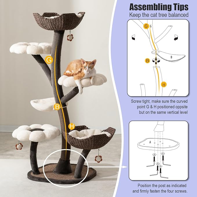 Catry Floral Large Cat Tree with Handcrafted Basket Beds & Flower Perches | Handwoven Baskets Beds with Washable Pads, Durable Iron Frame, Replaceable Flower Perches & 1 Hammock for Multi-Cat Homes
