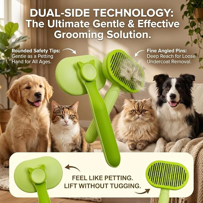 Self Cleaning Slicker Brush for Dogs and Cats | 2 in 1 Grooming Tool, Removes Loose Undercoat Tangles, Shedding Hair, Massage Bristles, Anti-Slip Handle, Long and Short Hair