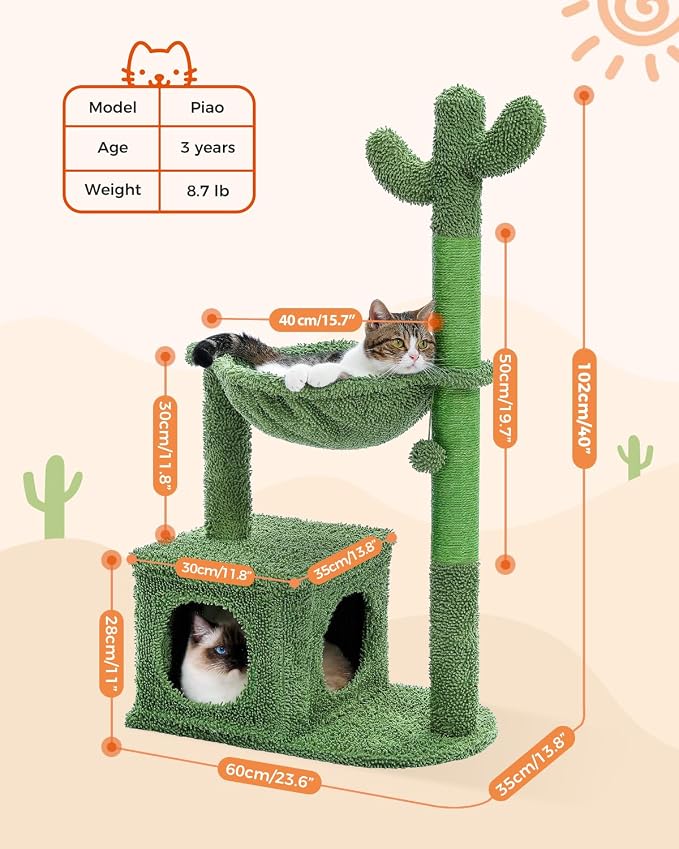 PEQULTI Cactus Cat Tree Cat Condo with Big Metal Frame Hammock, Cat Scratching Post for Indoor Cats with Cat Condo Natual Sisal Rope and Cat Toy Dangling Sisal Ball, Green