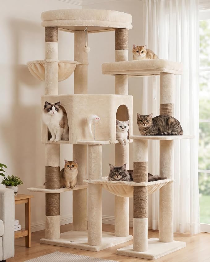 65" Cat Tree Tower, Anti-Tip Cat Condo for Indoor Cats VCT012MJ | Cat Furniture with Extra Wide Baseboard & Large Perch, 2 Hammocks, Cozy Condo, 7 Sisal Scratching Posts, Beige