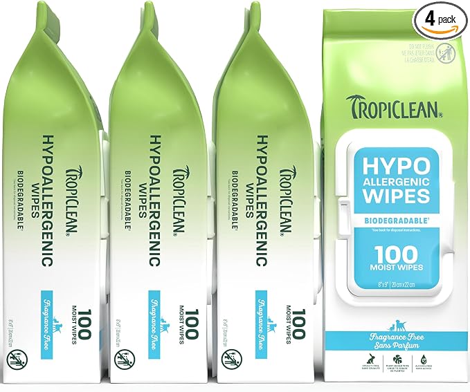 TropiClean Hypoallergenic Dog Wipes for Paws and Bottom | Fragrance Free Dog Grooming Wipes | Safe for The Face | Puppy & Cat Friendly | 400 Count