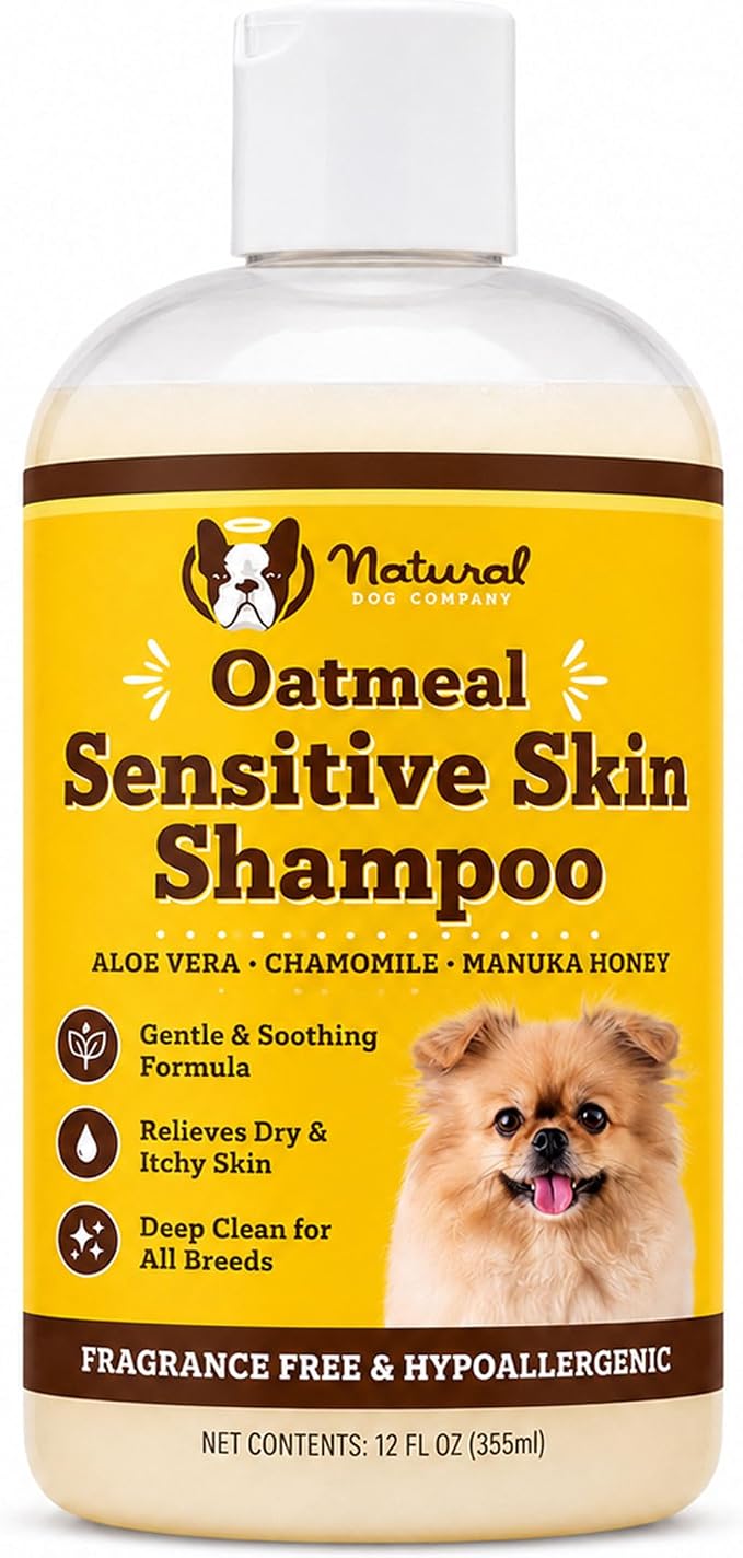 Natural Dog Company Sensitive Skin Dog Shampoo – Hypoallergenic Oatmeal Anti Itch Shampoo for Dogs, Gentle Puppy & Dog Wash with Aloe Vera, Manuka Honey & Chamomile, Odor Control, 12 oz