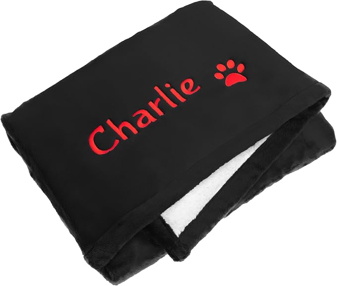 GoTags Personalized Premium Fluffy Dog Blanket, Super Soft Sherpa Fleece Blanket for Pets with Custom Embroidered Name and Paw, Large (40x30 inch), Black